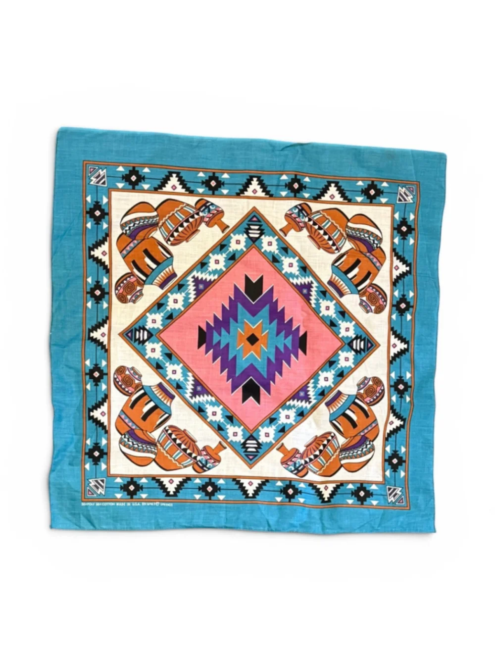 Vintage 80s Springs Southwestern Pottery Bandana Turquoise USA RN16463 21x21